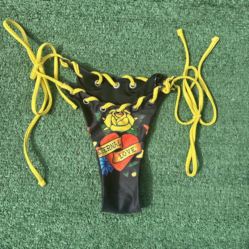 Ed Hardy Bikini Bottom Women's Sz Small Eternal Love Tattoo Y2K Black/ Yellow